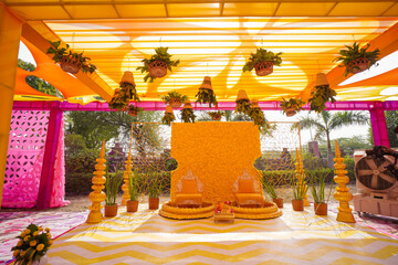 Haldi Decoration Wedding Hall Decorations of Sofa And Flowers