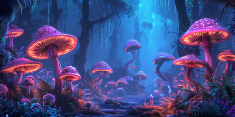 Mushroom jungle with neon glow - obrazy, fototapety, plakaty