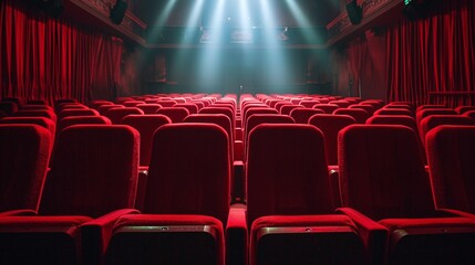 Theater seats illuminated by stage lighting in a cinema. - obrazy, fototapety, plakaty