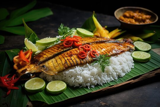 Rice with fish and vegetables on a banana leaf, Colorful Asian Traditional Meal on a Banana Leaf, Ai generated