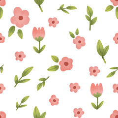 Vector hand drawn watercolor style illustration of Pink flowers seamless pattern 