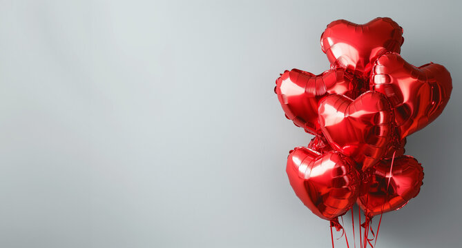 red foil heart balloons bunch isolated on plain gray color studio background, frame with text space on side