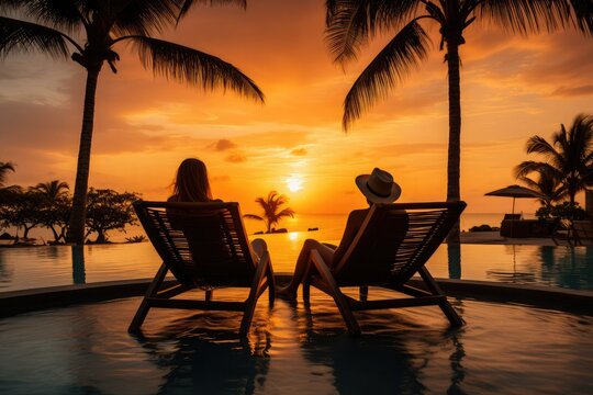 Couple in lounge chairs resting on the pool with sunset view stock photo, in the style of uhd image, tropical landscapes 