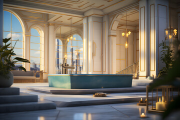 A spa room with an Art Deco style soaking tub