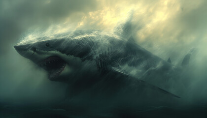 The contours of a megalodon in the mist. Mist texture. Abstract art background with free space. Dark concept