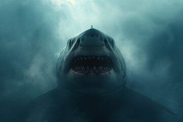 The contours of a megalodon in the mist. Mist texture. Abstract art background with free space. Dark concept