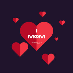 I Love mom text on dark background,The International Women Day with hearts banner. Hearts shapes for Women Day banner background