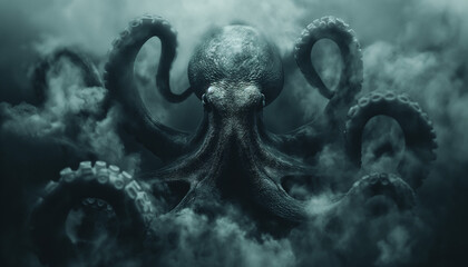 Kraken, a giant octopus emerging from the depths. Dark concept - obrazy, fototapety, plakaty