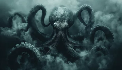 Fotobehang Kraken, a giant octopus emerging from the depths. Dark concept © Kyrtap_Studio