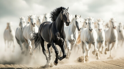 a dark horse, sleek black horse sprints ahead of a blur of white horses, kicking up a storm of dust on the track