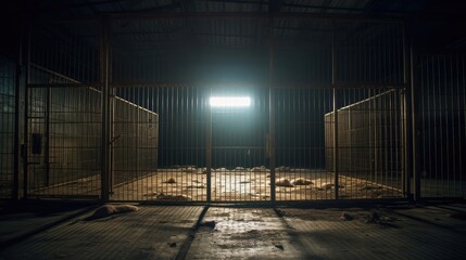 Inside dog cage bars empty and bright light