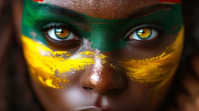 Black woman with painted face, Jamaican flag colors