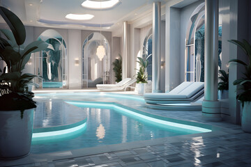 A spa space with an Art Deco style relaxation pool
