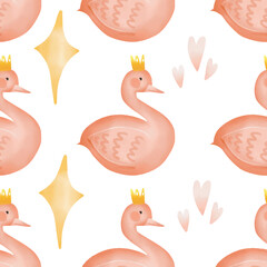 Pink Swan seamless pattern, watercolor style of pink swan seamless pattern, cute pink swan seamless pattern