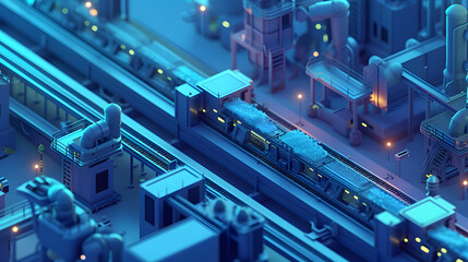 Isometric factory automated conveyor line Industrial illustration factory assembly line - obrazy, fototapety, plakaty
