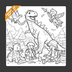 Vector cute coloring book illustration of kids playing with dinosaur