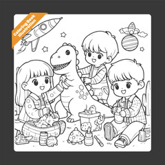Fototapeta premium Vector cute coloring book illustration of kids playing with dinosaur