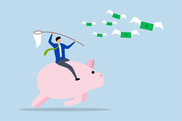 Dividend Stock investment return in financial crisis, investor riding pink piggy bank catching flying dollar coins cash.