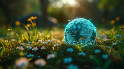 Obraz na płótnie Canvas Blue hologram globe on the grass in the blurred flower garden background, Eco world, earth day and conservation Concept