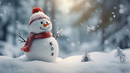 Obraz premium Snowman in winter forest. Christmas and New Year holiday background.