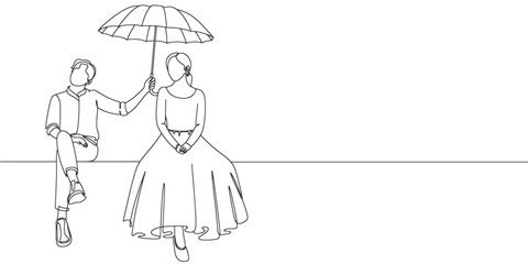 couple under umbrella line art style vector illustration