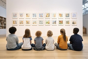 Vertical back view at diverse group of children sitting on floor in modern art gallery and...