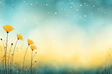 Artistic watercolor background with yellow flowers and tranquil blue sky
