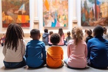 Vertical back view at diverse group of children sitting on floor in modern art gallery and listening to art expert - obrazy, fototapety, plakaty