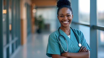Smiling Black Female Nurse in Blue Scrubs Indoors in Hospital Clinic