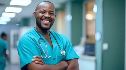 Cheerful African American Nurse in Hospital Setting Wearing Blue Scrubs