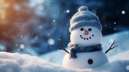 Snowman with a hat and scarf on a background of the winter forest