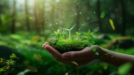 Fototapeta na wymiar Renewable Energy Future: Hand Holding Green Energy Symbols