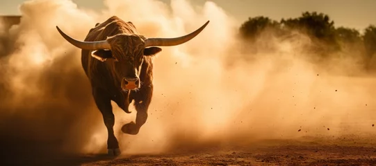 Schilderijen op glas A large bull raises dust with its furious running against the backdrop of sunset rays, a symbol of the state of Texas, bullfighting, banner © Sunny