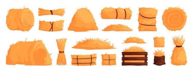 Set of hay bales, piles, heaps and stacks. Straw in rolls, squares, bags. Dry grass, bundles of farm feed. Cartoon vector illustration of haystacks.