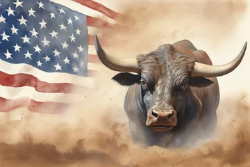 Selbstklebende Fototapeten A large bull against the background of the American flag as a symbol of the state of Texas. Revolution or bullfight concept © Sunny