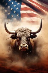 Foto op Canvas A large bull against the background of the American flag as a symbol of the state of Texas. Revolution or bullfight concept, vertical image © Sunny