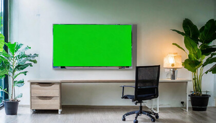 Conference room setup with a green screen, ideal for billboards, TV branding, and showcasing products.