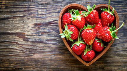 Heart-Shaped Bowl Filled with Strawberries.A wooden heart-shaped bowl overflowing with ripe, fresh strawberries on a rustic table surface, perfect for a healthy treat.