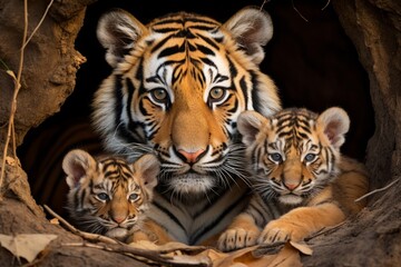 mother tigress with her young ones, little tiger cubs, cuddles together. family, motherhood in animals. wildlife.