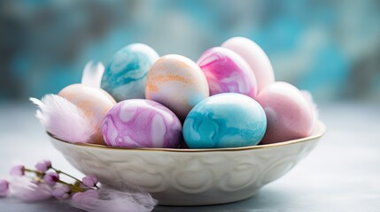 Fototapeta na wymiar easter plate decorated with colored pastel eggs, in light magenta and cyan, marble, delicate shading. festive tradition.