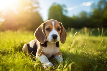 a beagle puppy on the grass. cub, dog breed, pet. outdoors on a walk in summer. - obrazy, fototapety, plakaty