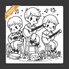 Vector cute coloring book illustration of kids playing guitar