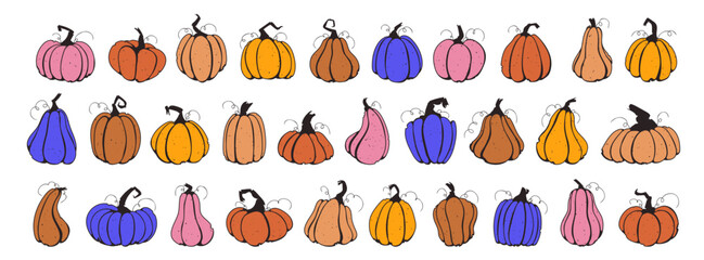 Set pumpkins, squash vector symbols illustrations. Retro 90s style pumpkins, halloween squash, fall harvest gourds. Autumn thanksgiving and halloween pumpkins collection.