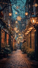 Fototapeta premium Beautifully adorned street, exuding festive charm with Christmas decorations.