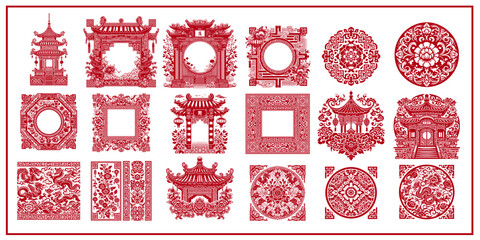 Chinese traditional patterns, flowers, lanterns, clouds, elements, and decorations Vector collection of Chinese and Japanese decorations for cards 