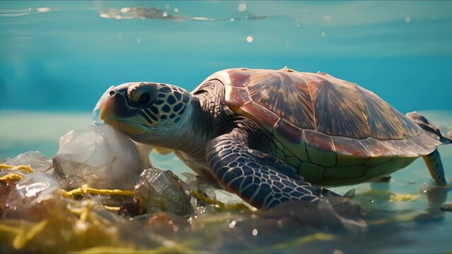 Closeup of a sea turtle entangled in plastic waste, a heartbreaking example of the dangers of plastic pollution in our oceans.