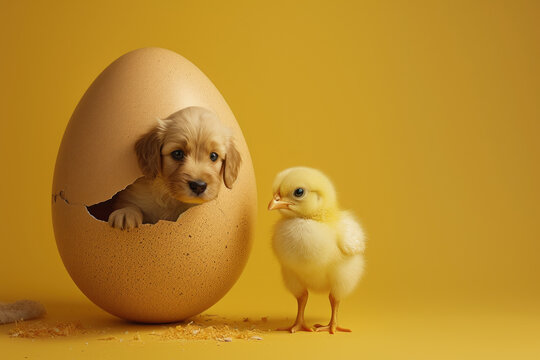 Capturing a moment of playful surrealism, this photo shows a puppy emerging from an egg with a confused chick, illuminated by soft natural lighting.