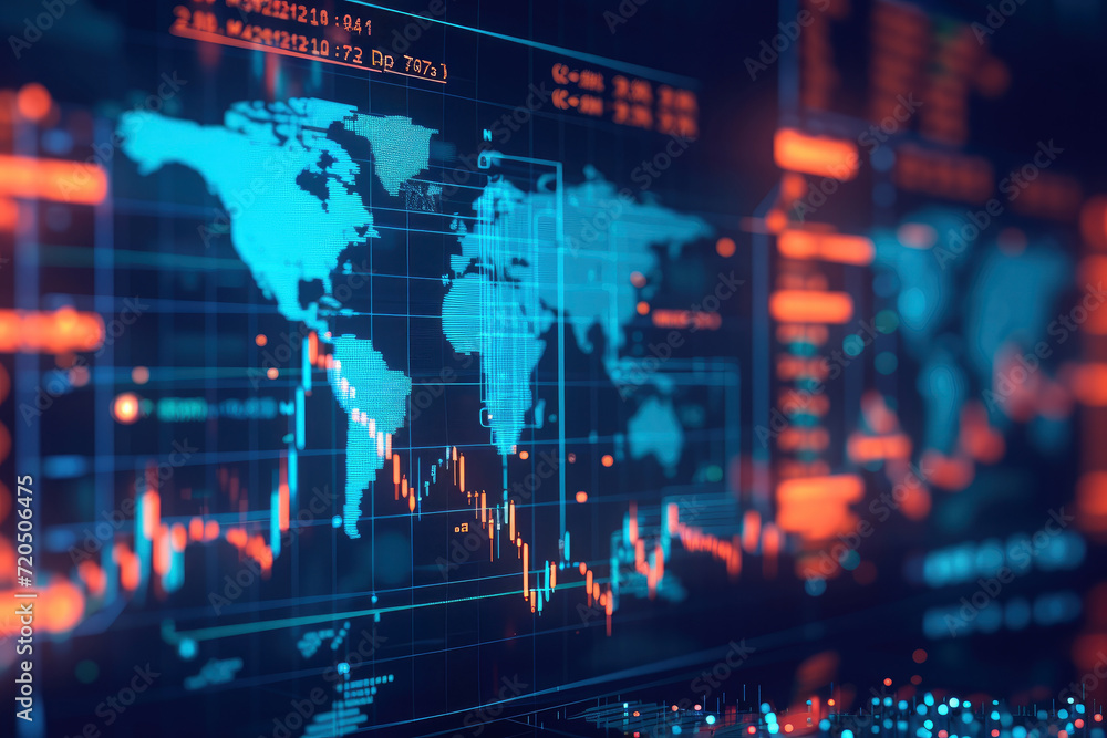 Poster an in-depth look into global financial markets, featuring cryptocurrency trading screens with real-t