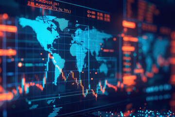 Fototapeta na wymiar An in-depth look into global financial markets, featuring cryptocurrency trading screens with real-time data, set against an informative world map.