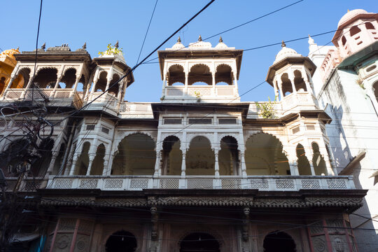 Indore, Madhya Pradesh, India - November 24, 2022: Digambar Jain Mandir, Indore, Madhya Pradesh. Holkar Architecture, Indian Architecture. Ancient Architecture of Indian temple.